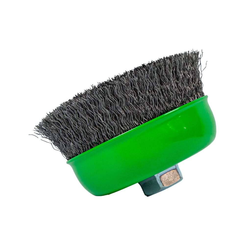 Cup Brush, Crimped, 5 in x .014 in x 5/8 in-11 Arbor